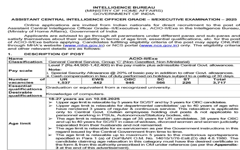 IB ACIO-II/Executive भर्ती 2025 के लिए नोटिफिकेशन