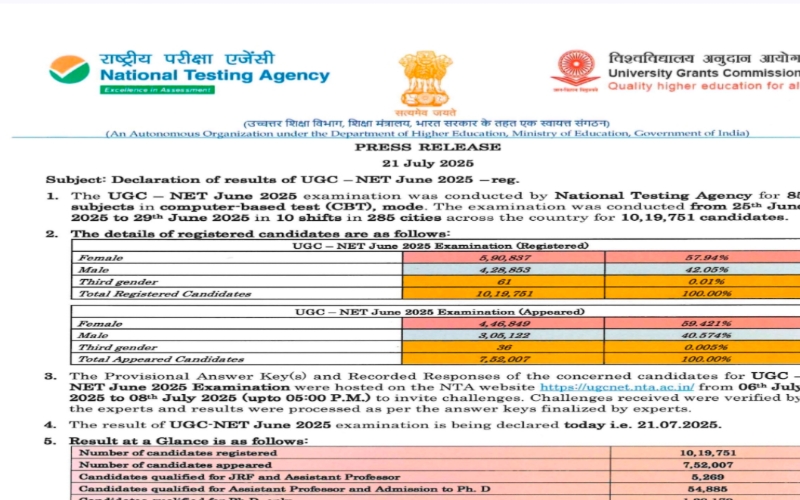 UGC NET Result जून 2025 NTA press release notification photo